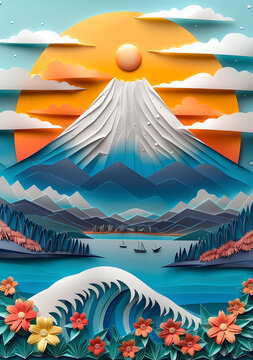 紙藝富士山海浪花卉風(fēng)景