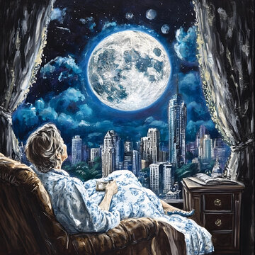 夜晚城市夜景窗邊望月