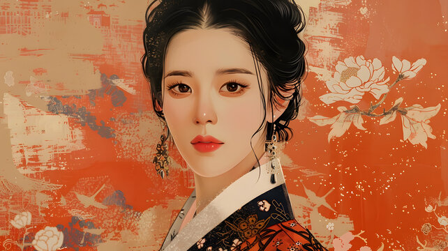 身著傳統(tǒng)韓服的亞洲女性花卉背景圖