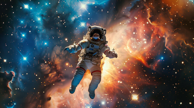 身穿宇航服的宇航員在浩瀚的太空中漂浮