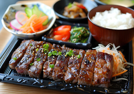 日式烤肉定食，配米飯、芝麻和蔬菜