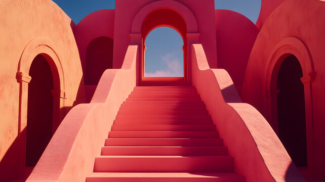 通往天空的粉紅色建筑樓梯