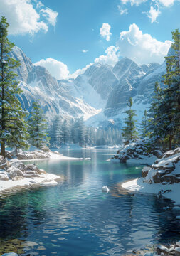 壯麗的雪山湖泊冬景