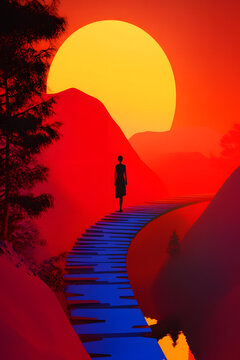 夕陽下，女子在山間小路上行走
