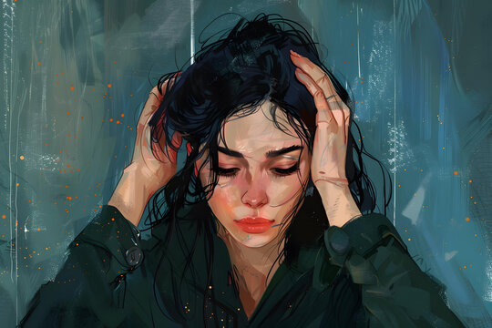 一個濕著頭發(fā)的女人正抱著她的頭
