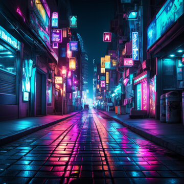 在雨天街道上空照耀的霓虹燈牌