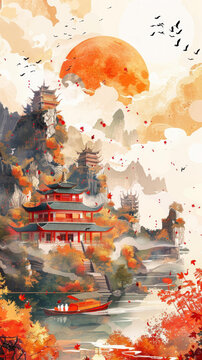 東方建筑與山水風(fēng)景水墨畫