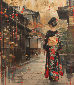 一個(gè)身穿和服的日本女子走在街道上
