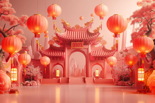 粉色的中國新年主題廟門