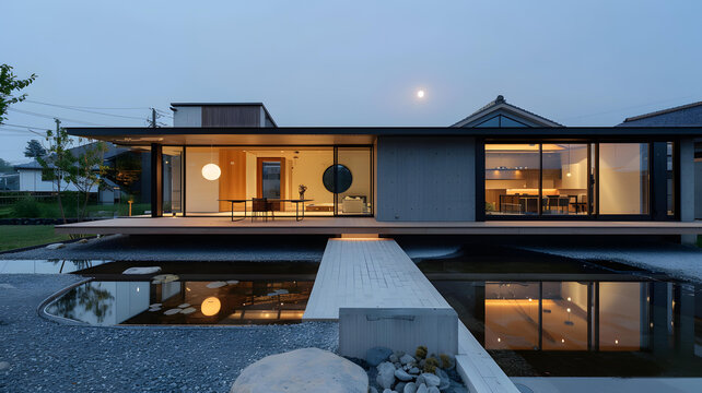 現(xiàn)代日式住宅建筑設(shè)計(jì)，帶水景和橋