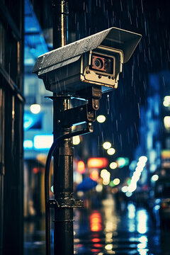 雨夜城市街道上的監(jiān)控?cái)z像頭