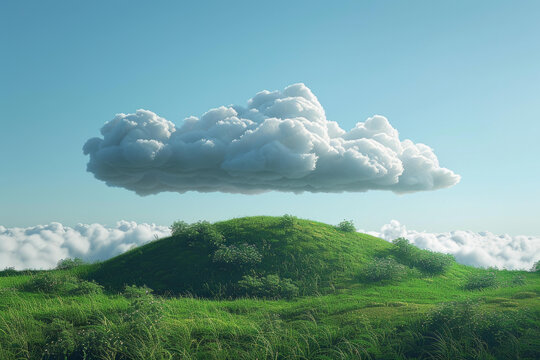 一朵白云漂浮在山丘上空