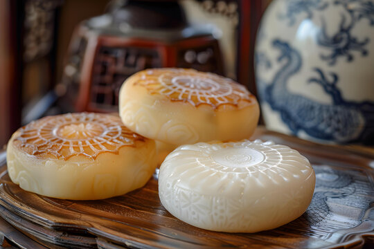 木質(zhì)托盤上的傳統(tǒng)中國月餅特寫