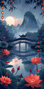 寧靜的中國山水畫前景有橋和紅蓮花