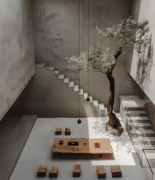極簡主義室內(nèi)設(shè)計，樹木和石材的完美結(jié)合