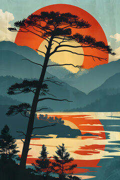 山間松樹下的夕陽風(fēng)景