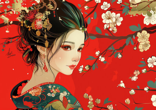 身穿紅色和服的日本藝伎插圖，背景為紅色和白色花朵