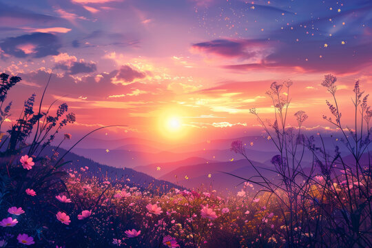 夕陽花海的AI圖片