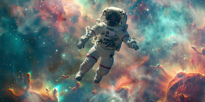 身穿太空服的宇航員在色彩斑斕的星云中遨游