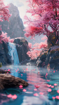 夢(mèng)幻瀑布櫻花風(fēng)景