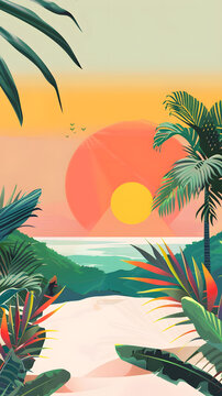熱帶棕櫚樹海洋日落