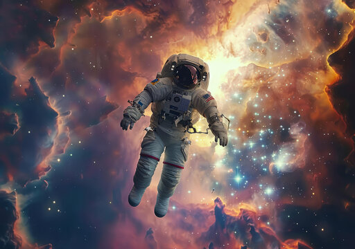 身穿宇航服的宇航員在浩瀚的太空中飛行