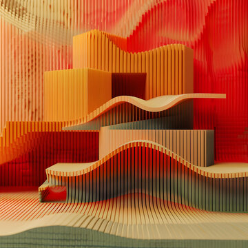 幾何雕塑的 3D 渲染，紅色背景