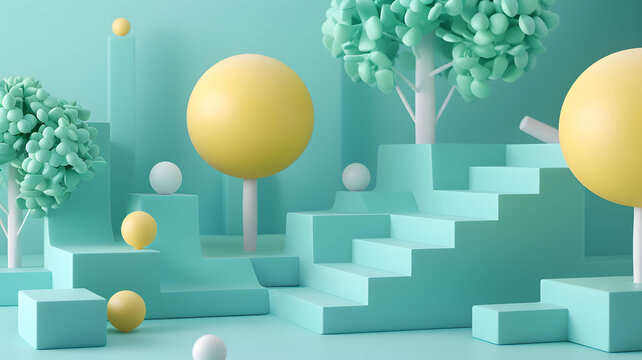 抽象藍(lán)黃漸變色3D渲染階梯場景