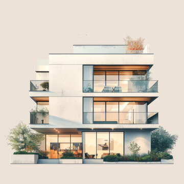 一棟三層現(xiàn)代公寓建筑帶屋頂花園和陽臺(tái)