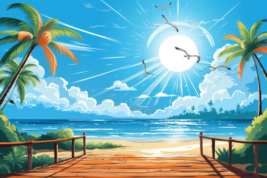 海灘木棧道棕櫚樹和海景