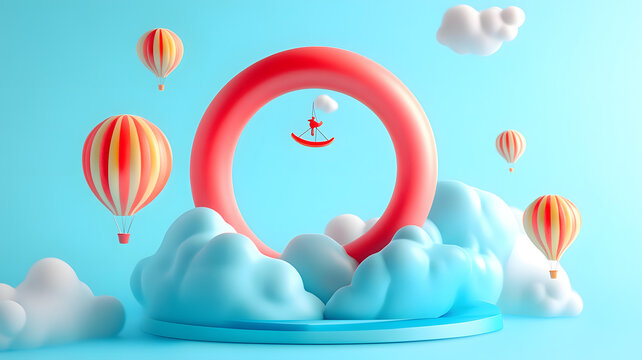 紅色圓形氣球云彩背景3D渲染