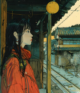 一個(gè)女孩站在火車站，背景中有一盞燈籠