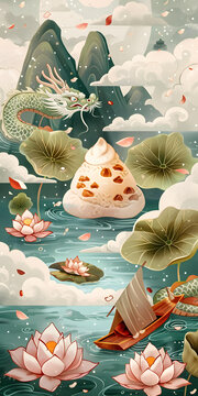 中國(guó)風(fēng)端午節(jié)龍舟粽子