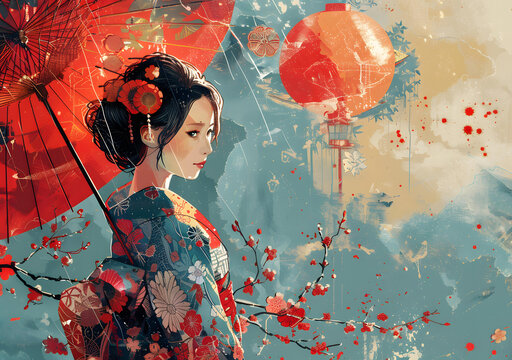 一個穿著和服的亞洲婦女撐著一把紅色的雨傘。