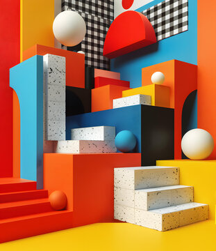 幾何形狀的3D渲染圖，色彩鮮艷