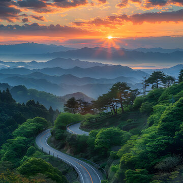 日出時分蜿蜒山路