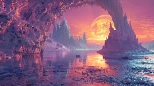 奇幻風(fēng)景前景有一輪粉色的月亮和一個湖泊