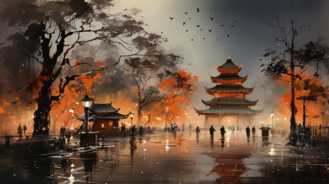 雨中中國(guó)庭院插圖有寶塔和紅葉樹