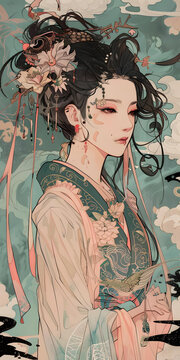 傳統(tǒng)服飾花朵頭飾的亞洲女性