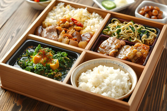 日式便當(dāng)盒，里面有米飯、肉和蔬菜