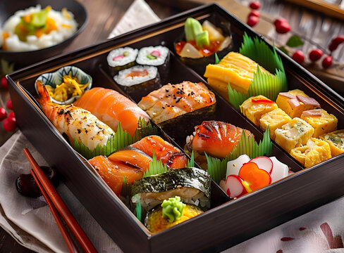 日式料理便當(dāng)盒，多種壽司卷和握壽司