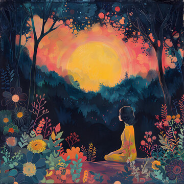 森林夕陽下沉思的女子