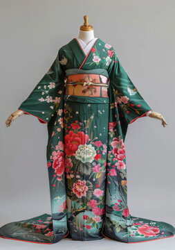 綠色和粉色印花和服