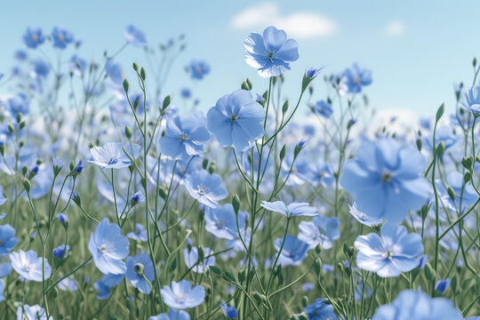 蔚藍的天空下盛開著亞麻的花朵