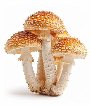 四朵橙色蘑菇菌蓋上布滿了白色斑點