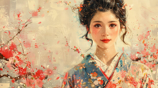 身著和服的美麗女子與櫻花