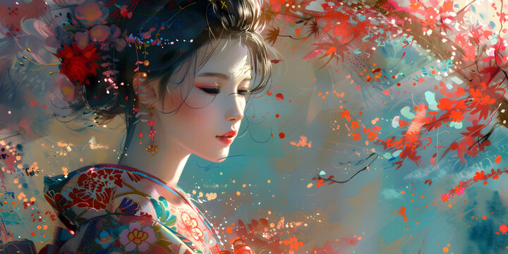 身著傳統(tǒng)和服的日本女性，背景是花卉
