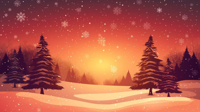 冬日黃昏下白雪皚皚的松樹林