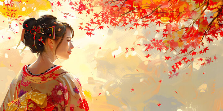 身穿和服的美麗日本女子站在一片紅楓葉林中。