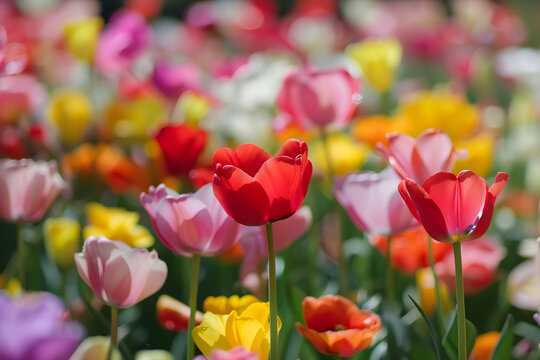 春天盛開的五顏六色郁金香花田